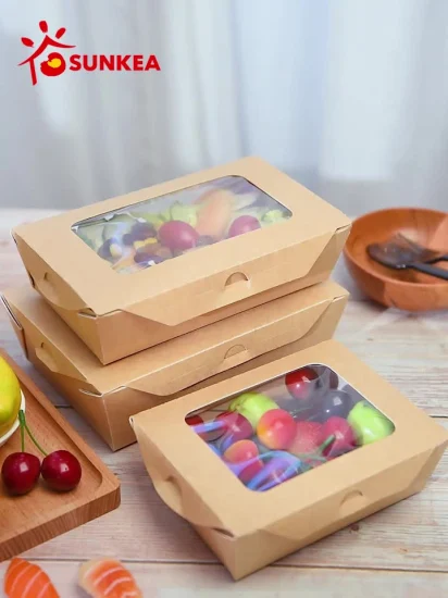 Sunkea Envasado de alimentos desechables Caja de ensalada de papel Kraft con ventana transparente antivaho para mascotas para sushi y ensalada